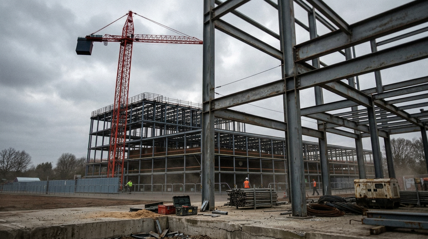 Steel frame commercial building under construction with a tower crane at dusk